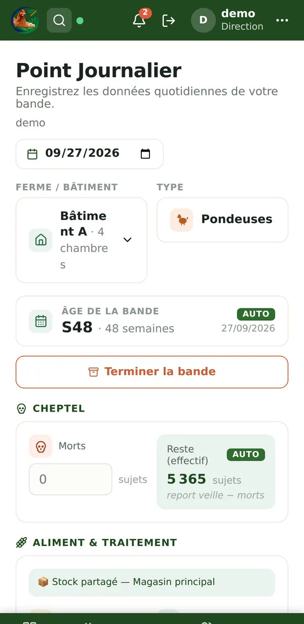 Écran de saisie du point journalier sur téléphone